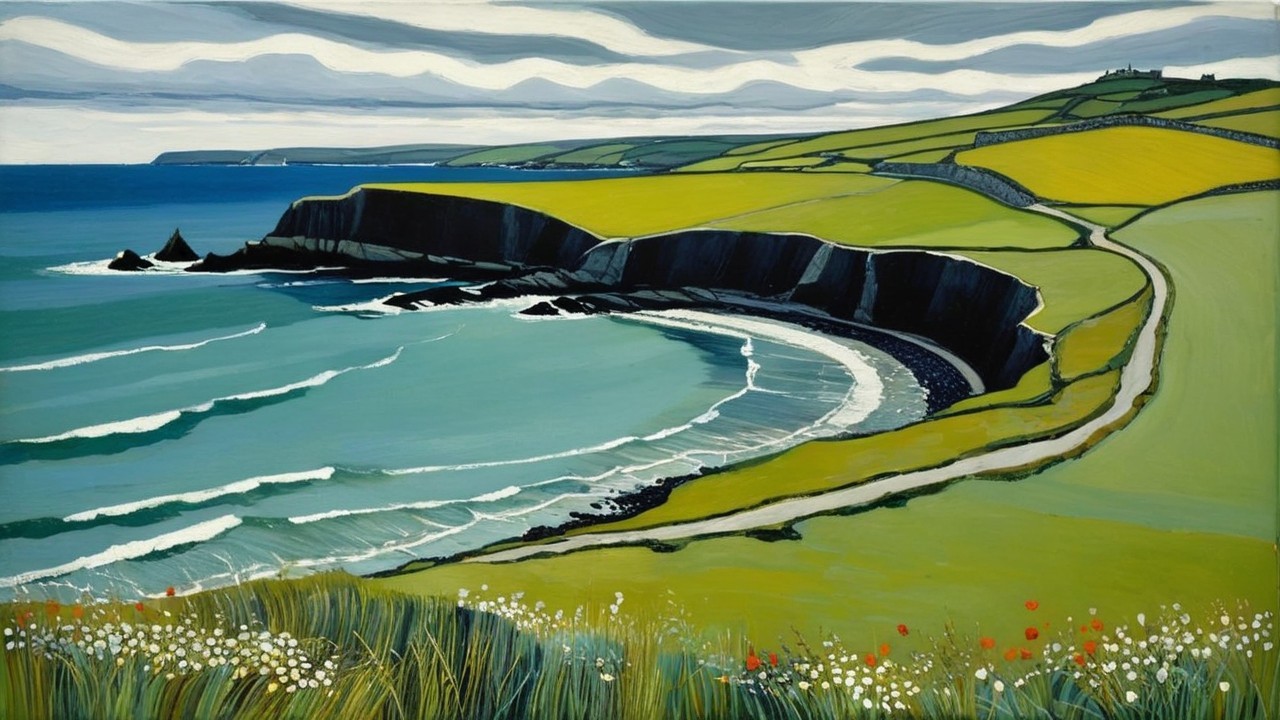 Coastal Landscape with Green Hills and Pebbly Beach