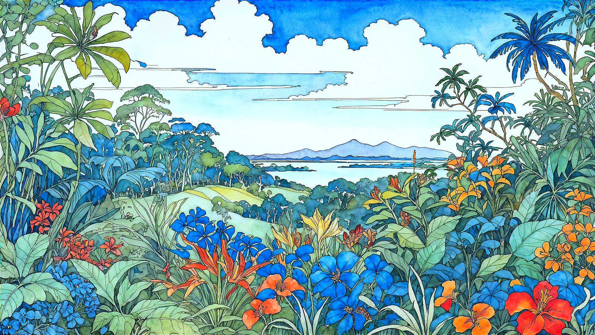 Vibrant Landscape with Mountains and Serene Water