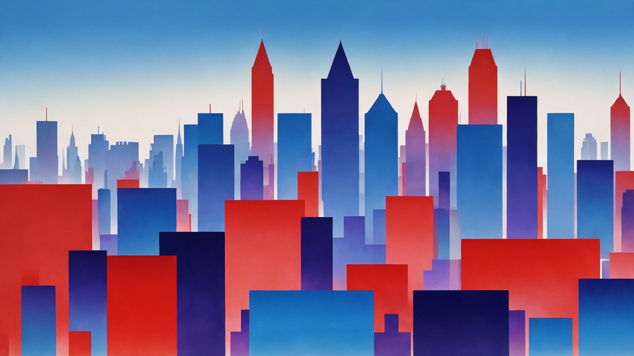 Vibrant City Skyline in Blue and Red Hues