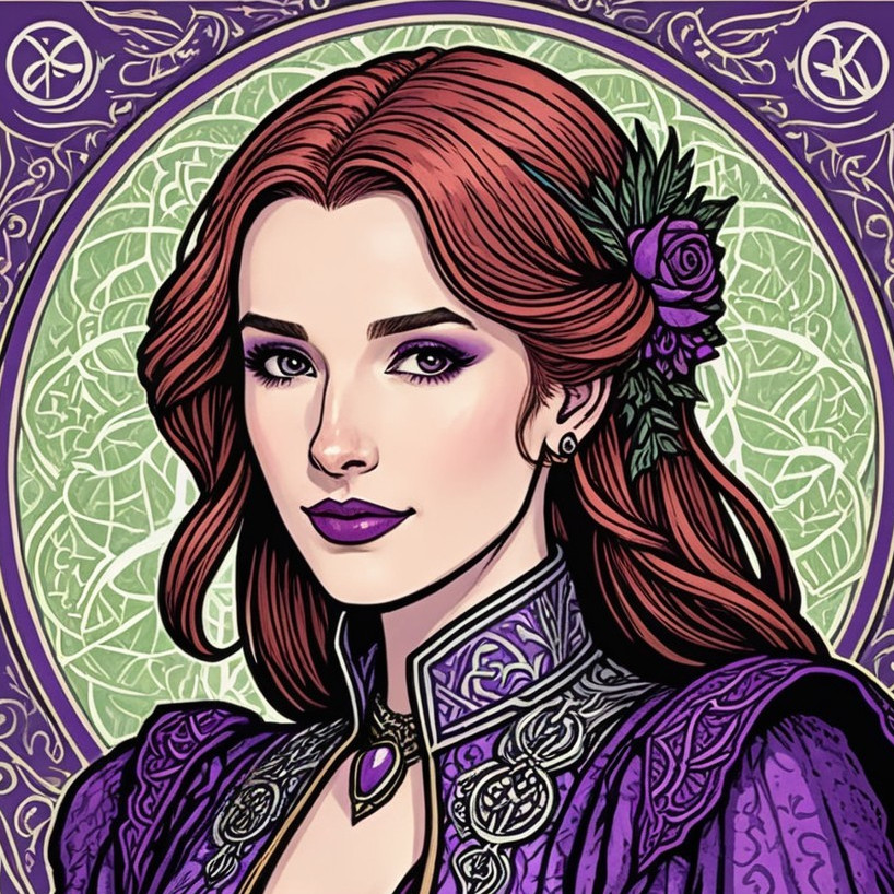 Elegant Portrait of Woman with Red Hair and Purple Accents