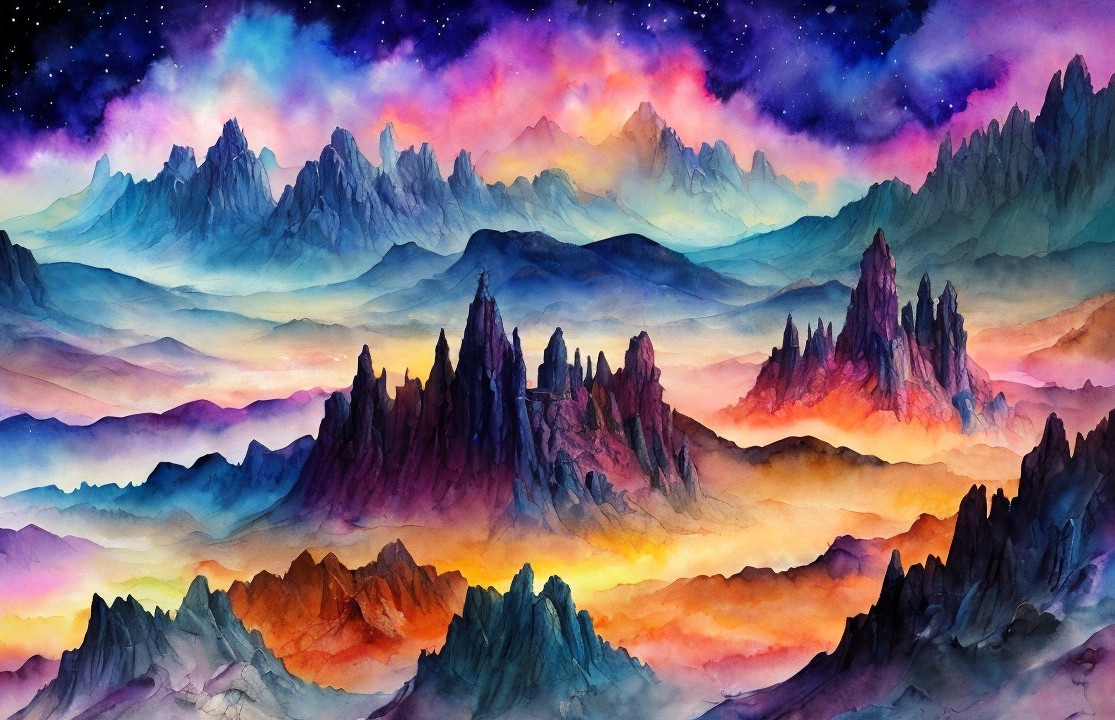 Majestic Watercolor Landscape with Vibrant Sky