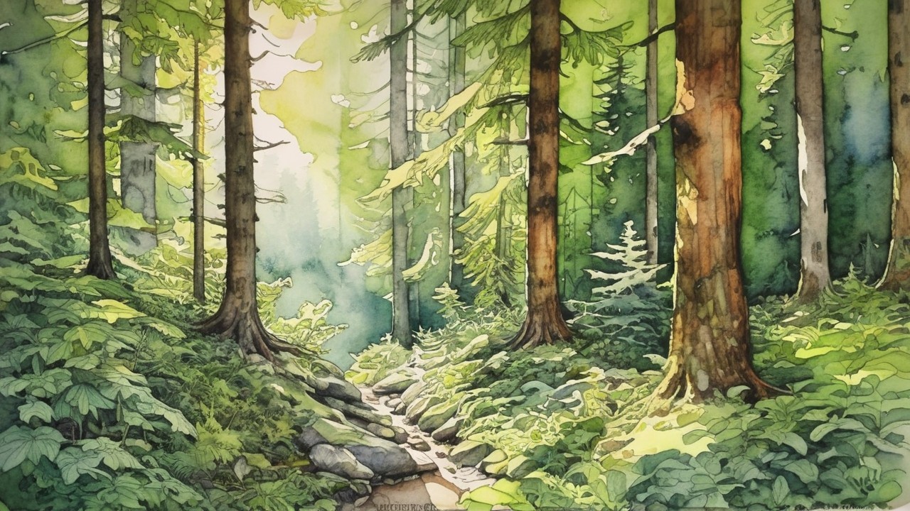 Serene Forest Scene with Majestic Trees and Stream