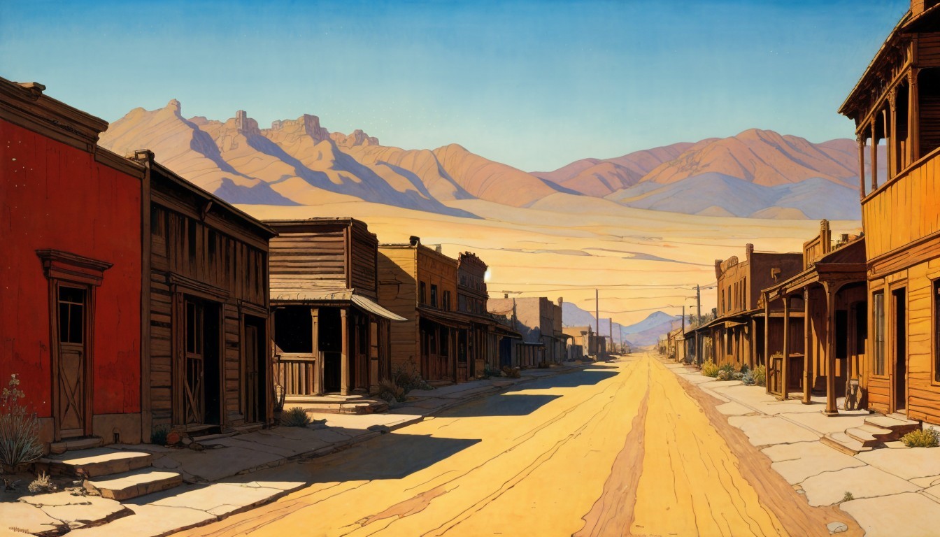 Deserted Western Town with Vibrant Colors and Mountains