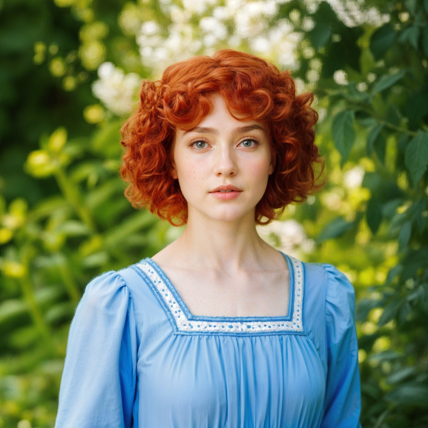 Young woman with red hair in a green setting