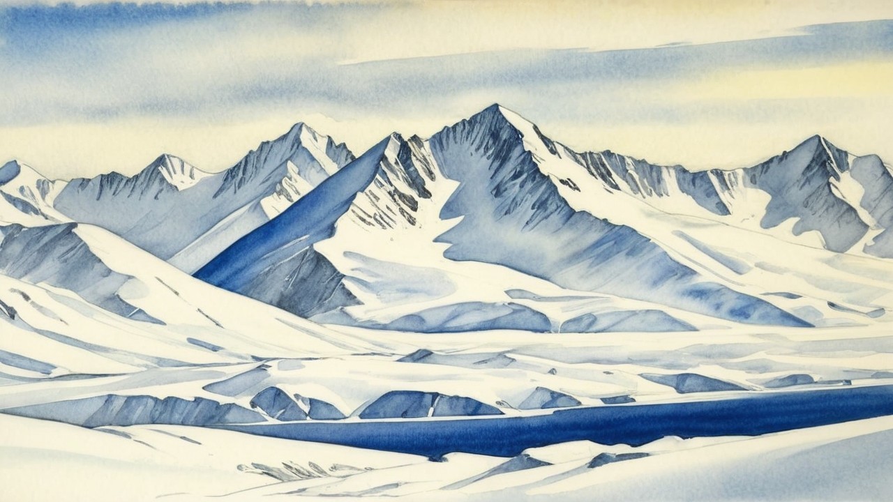 Winter Landscape with Snow-Capped Mountains and Water