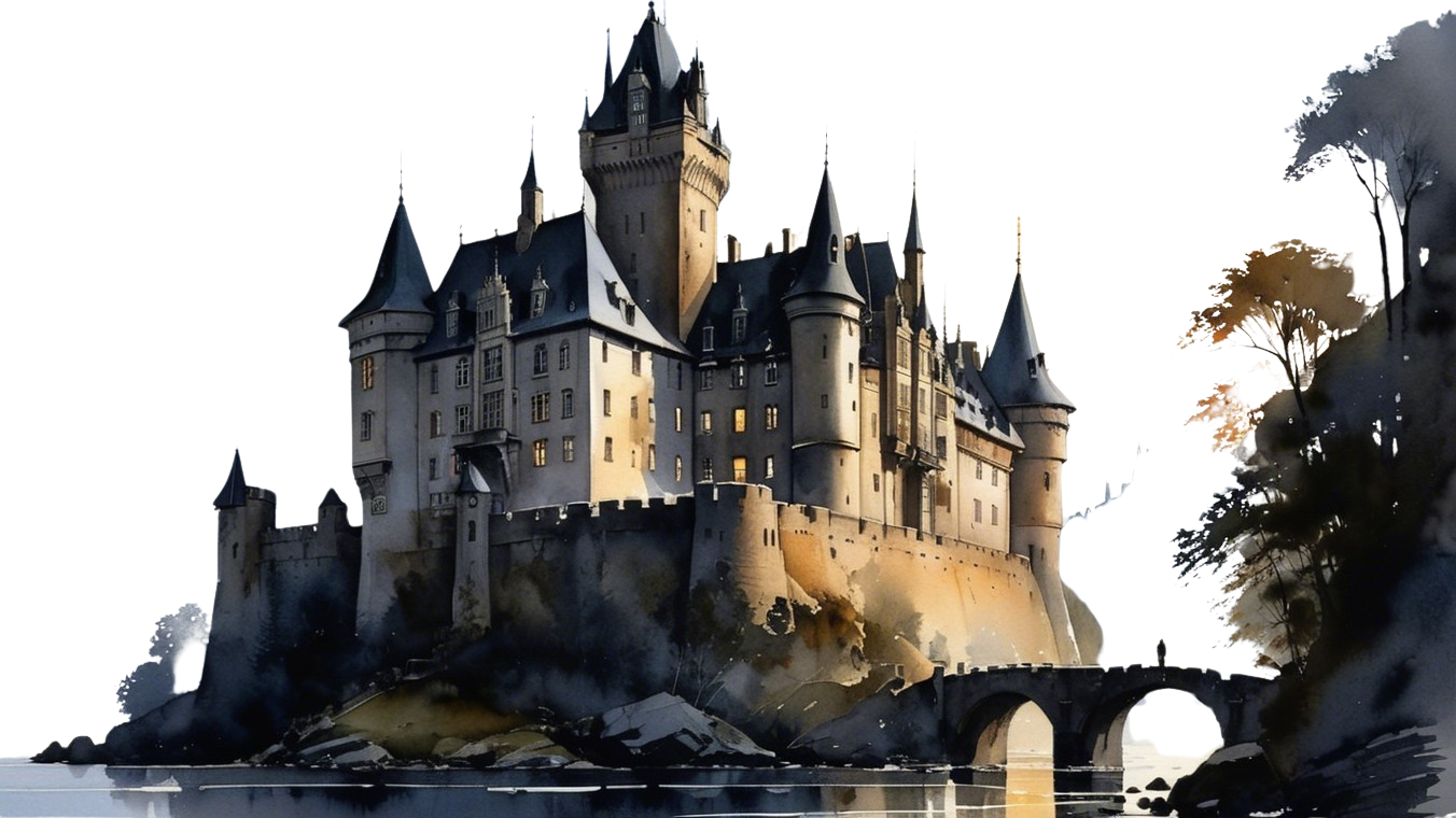 Majestic castle on rocky outcrop with dark waters