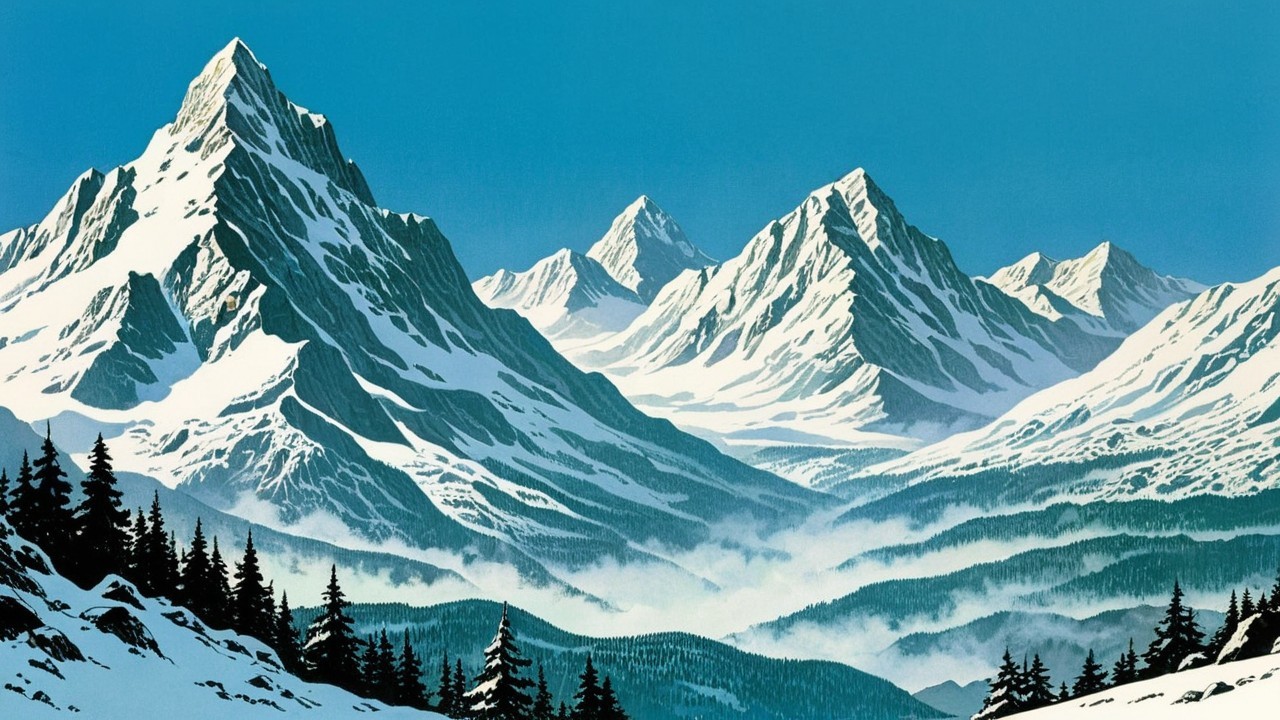 Winter Landscape with Snow-Capped Mountains and Trees