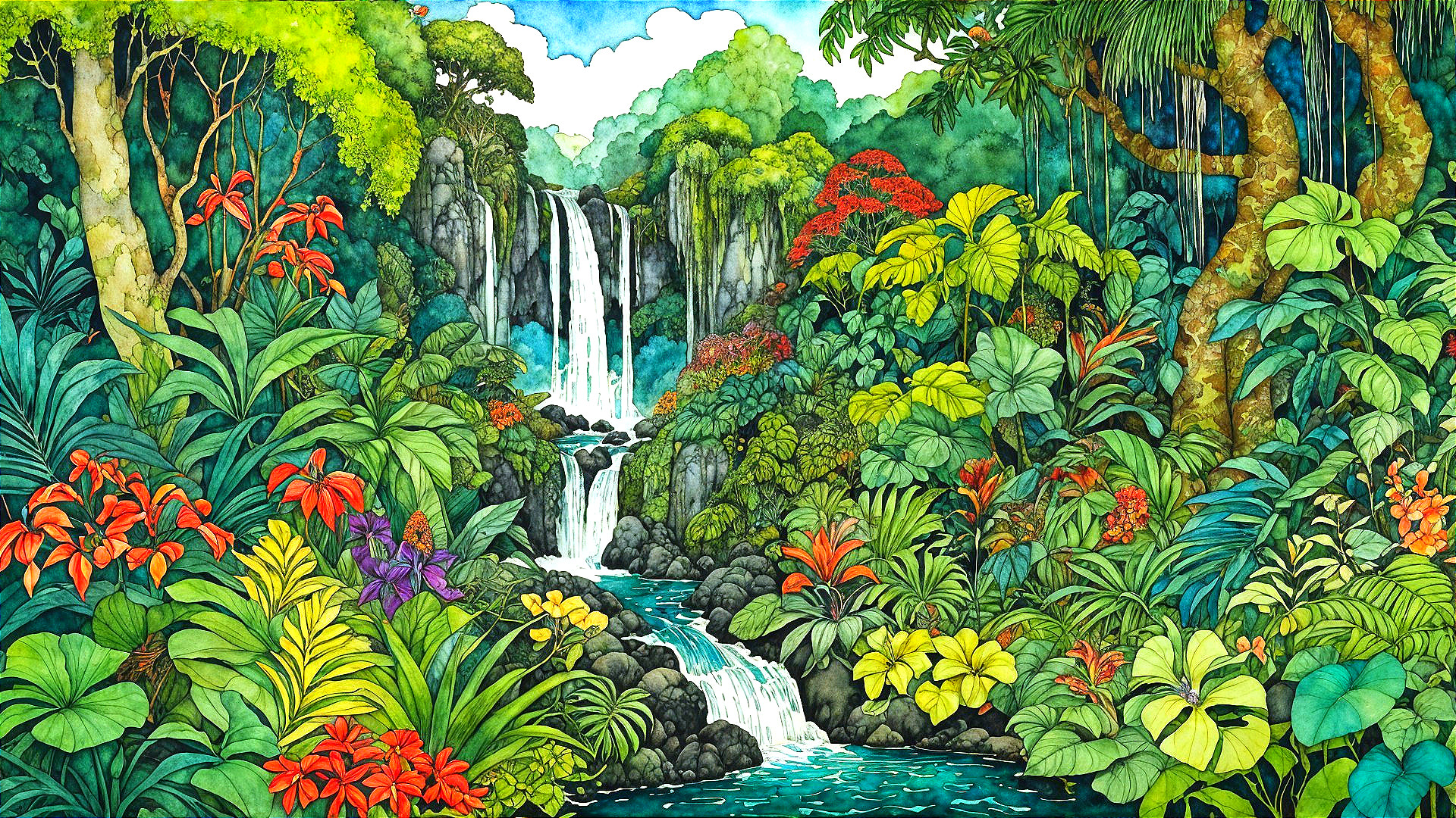 Vibrant Tropical Landscape with Waterfalls and Flora