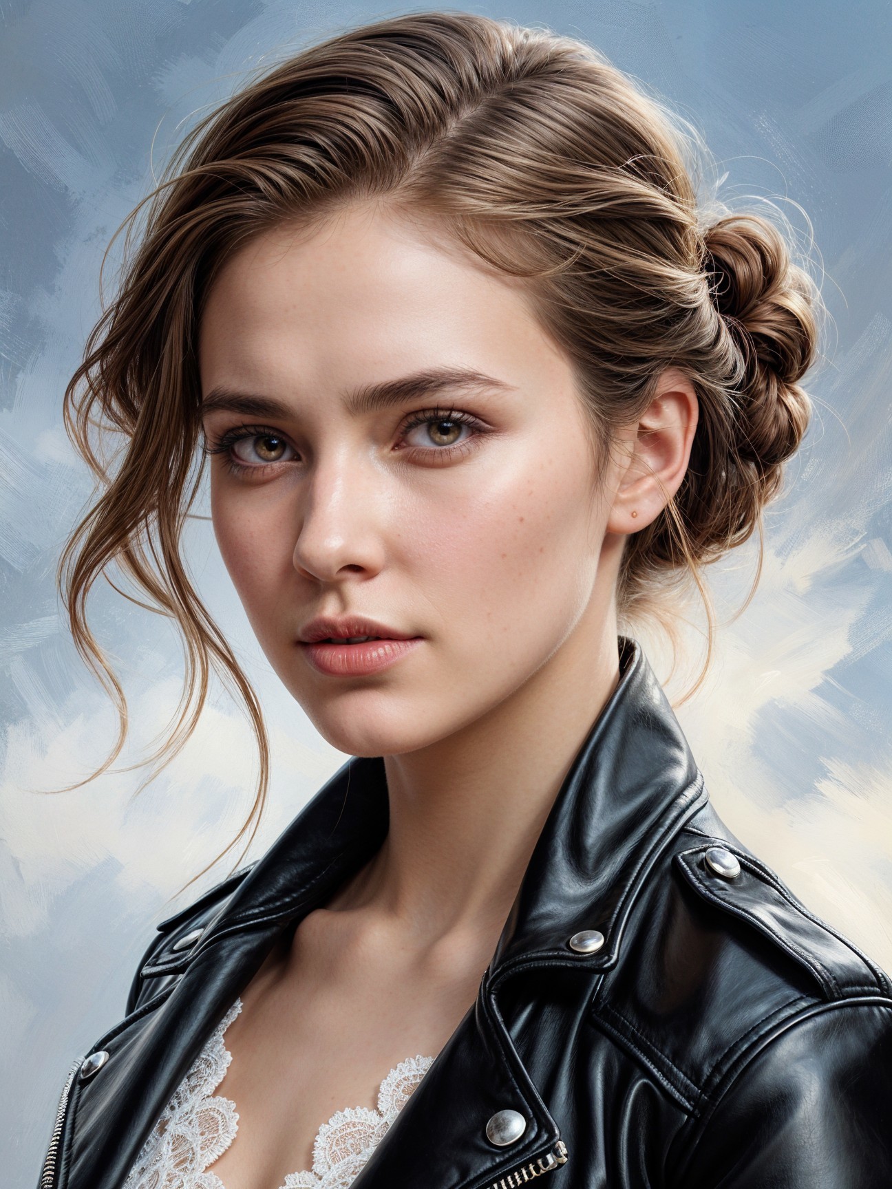 Portrait of a young woman in a black leather jacket
