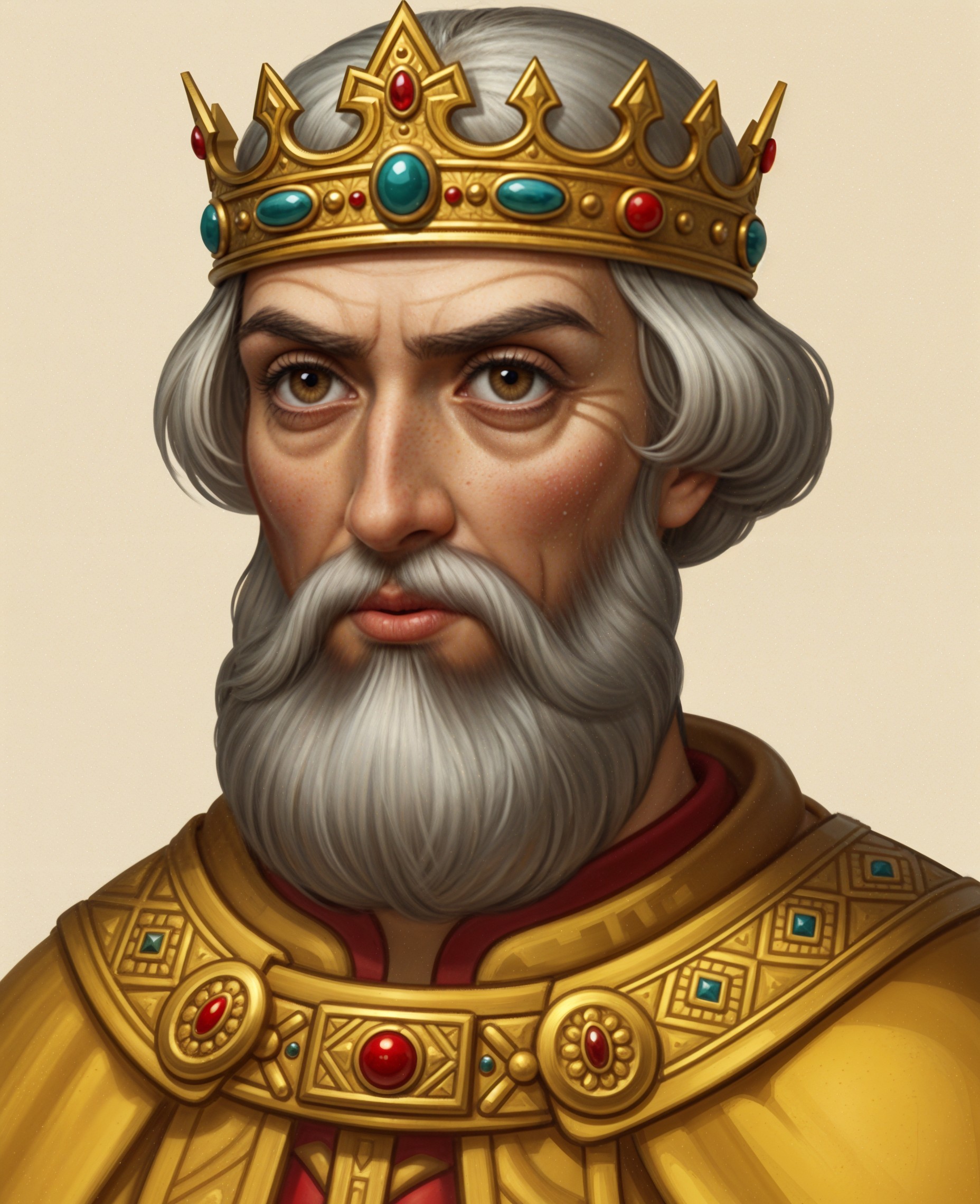 Regal figure in golden crown and embroidered robe