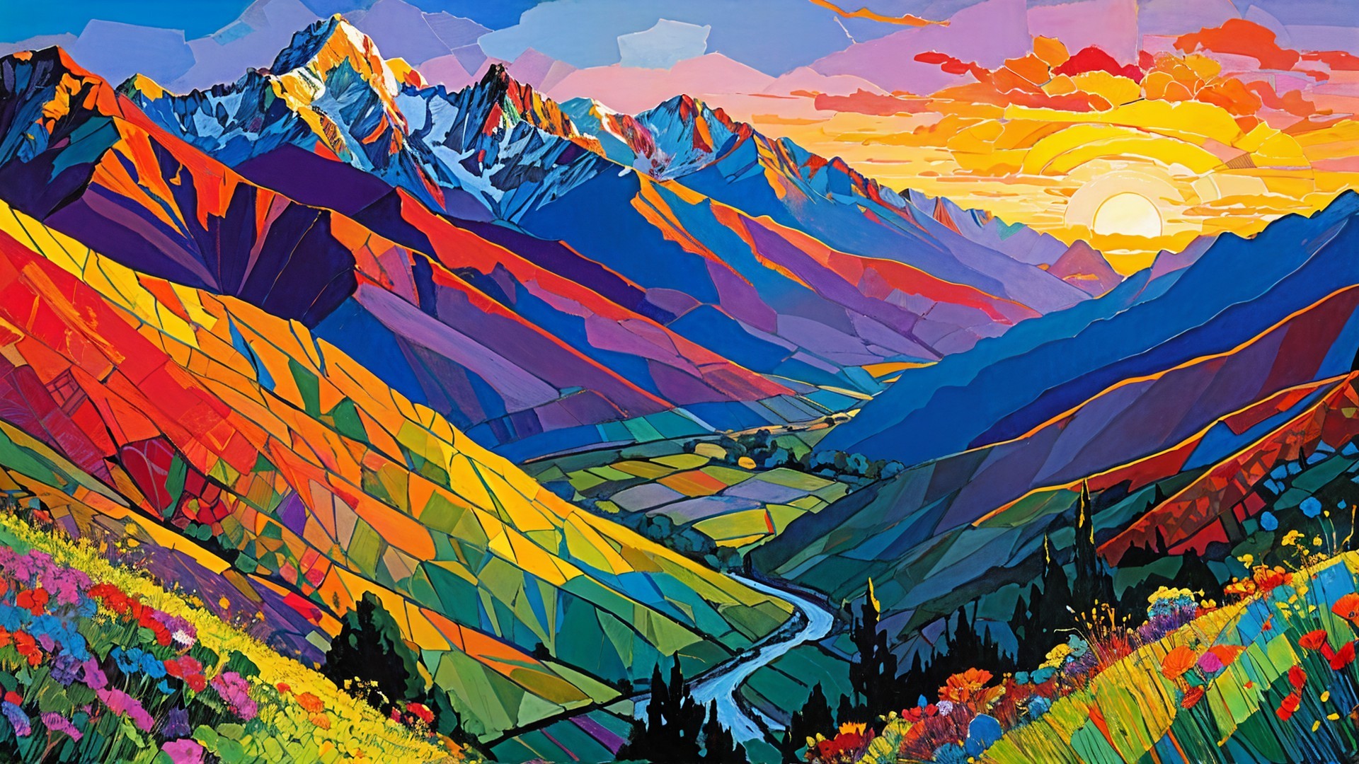 Vibrant Mountain Landscape at Sunset with Wildflowers
