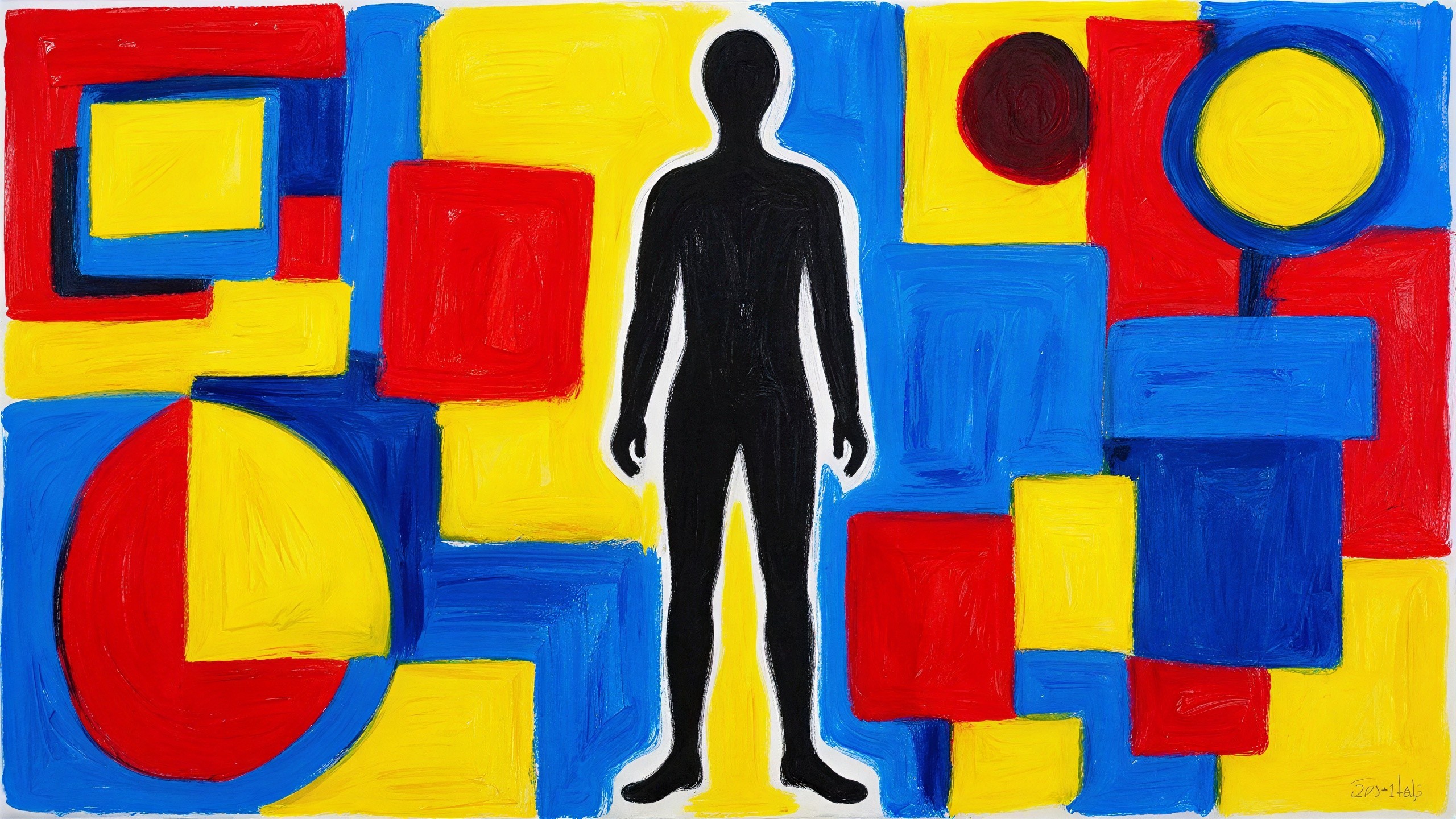 Abstract Oil Painting with Geometric Shapes and Silhouette