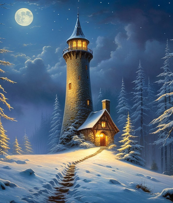 Winter Night Scene with Snow-Covered Landscape