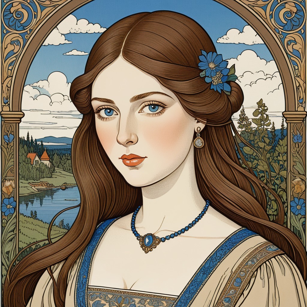 Young woman with brown hair and blue flower in nature