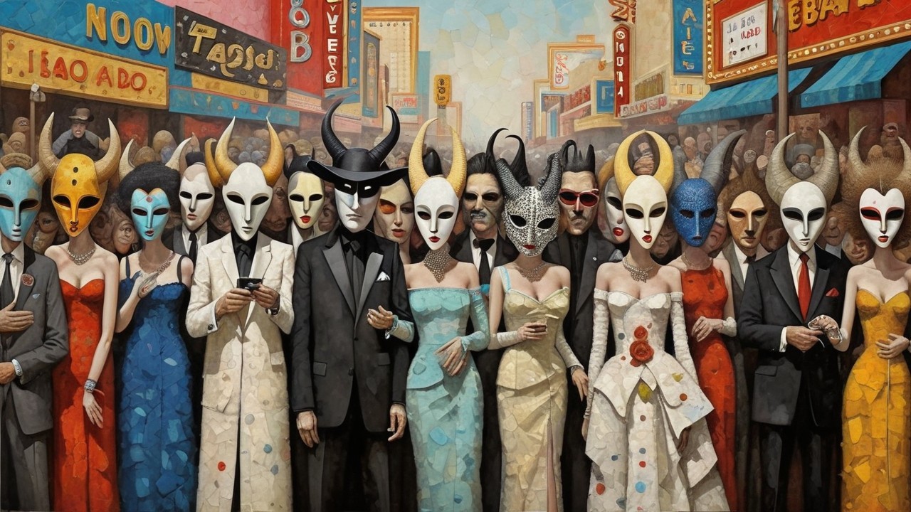 Crowd in Masks Amidst Colorful Cityscape