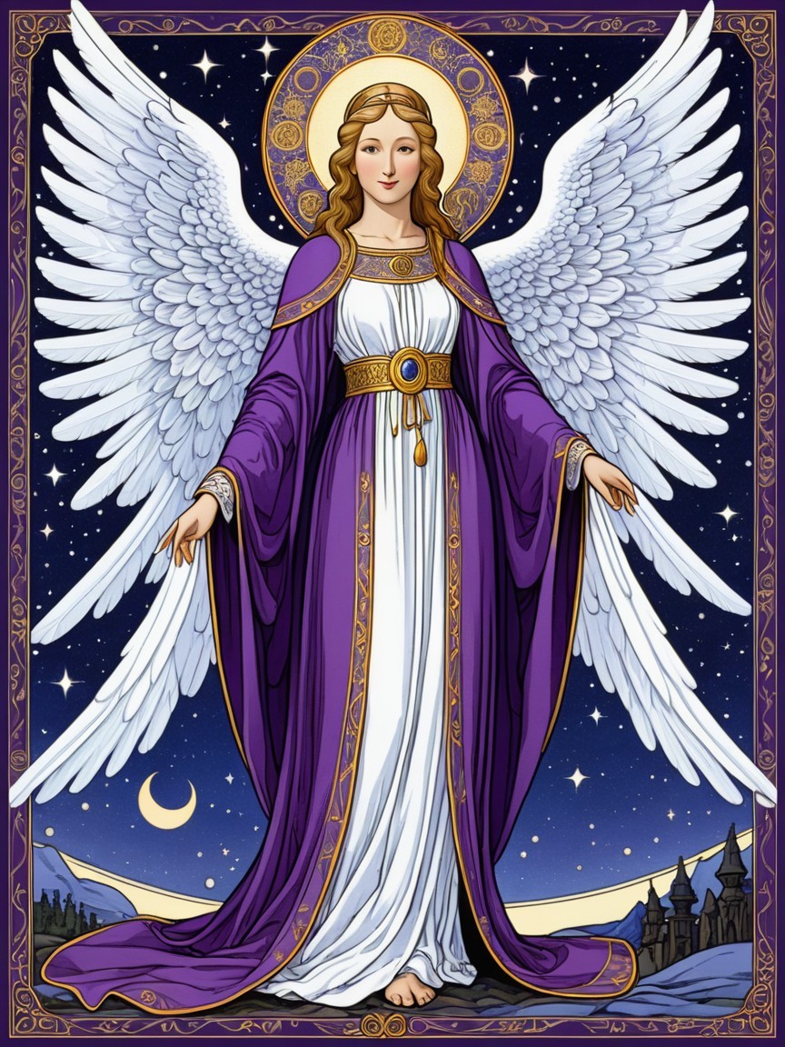 Majestic angel with white wings and night sky backdrop