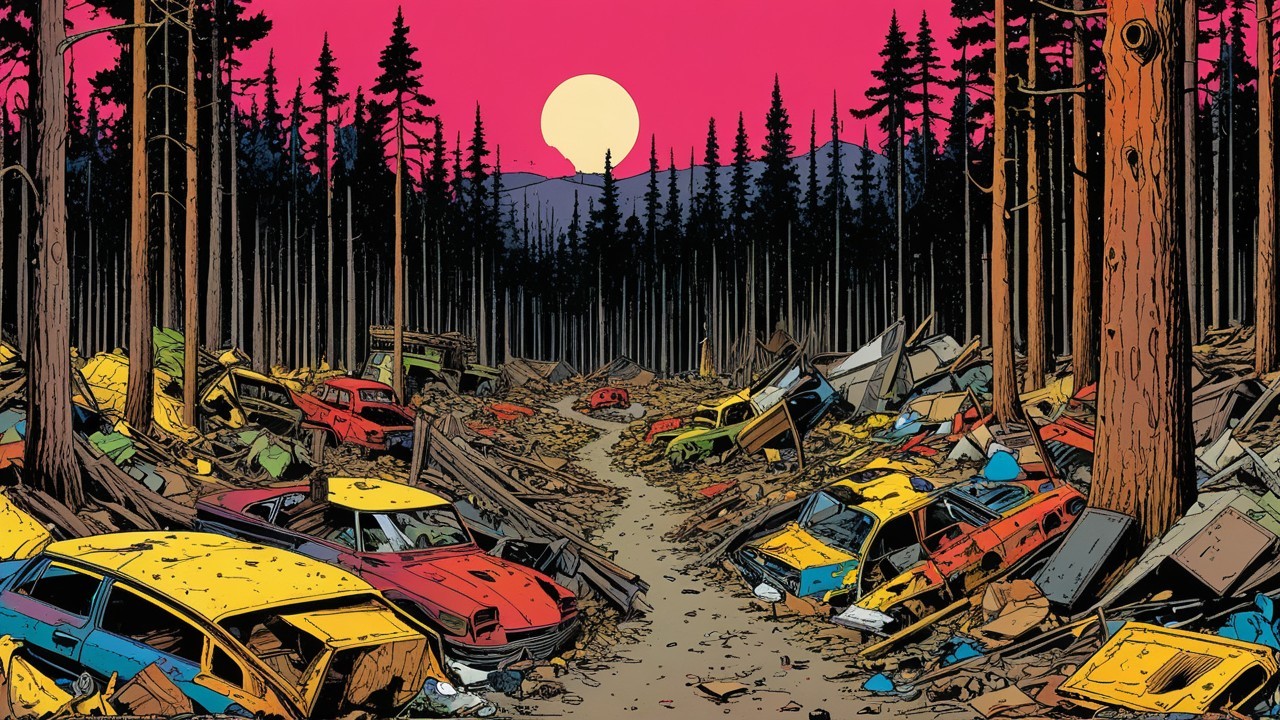 Desolate forest at sunset with vibrant pink sky