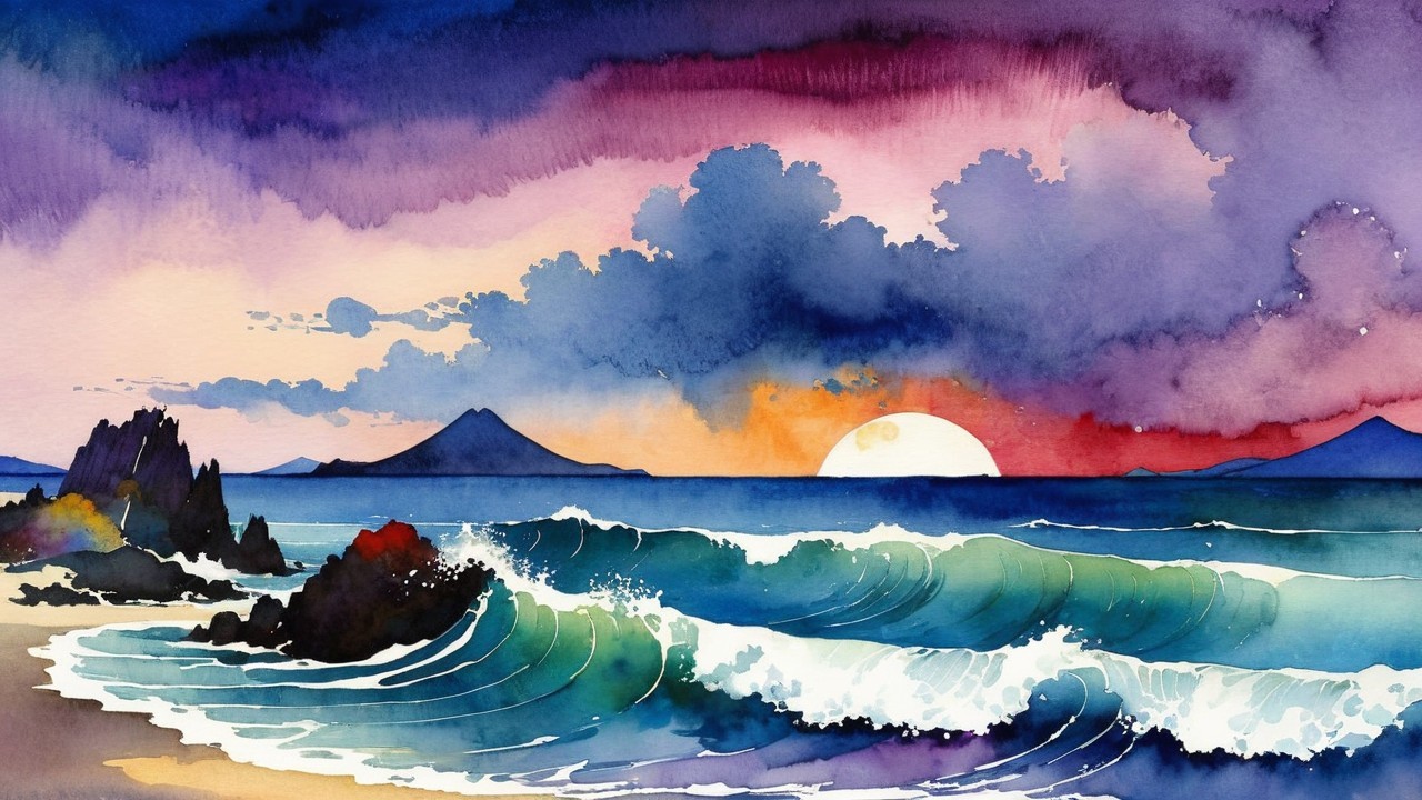 Vibrant Watercolor Landscape of Waves and Sunset