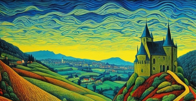 Vibrant Landscape with Stylized Castle and Dynamic Sky