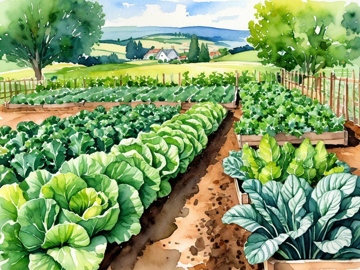 Vibrant Vegetable Garden Surrounded by Rural Landscape