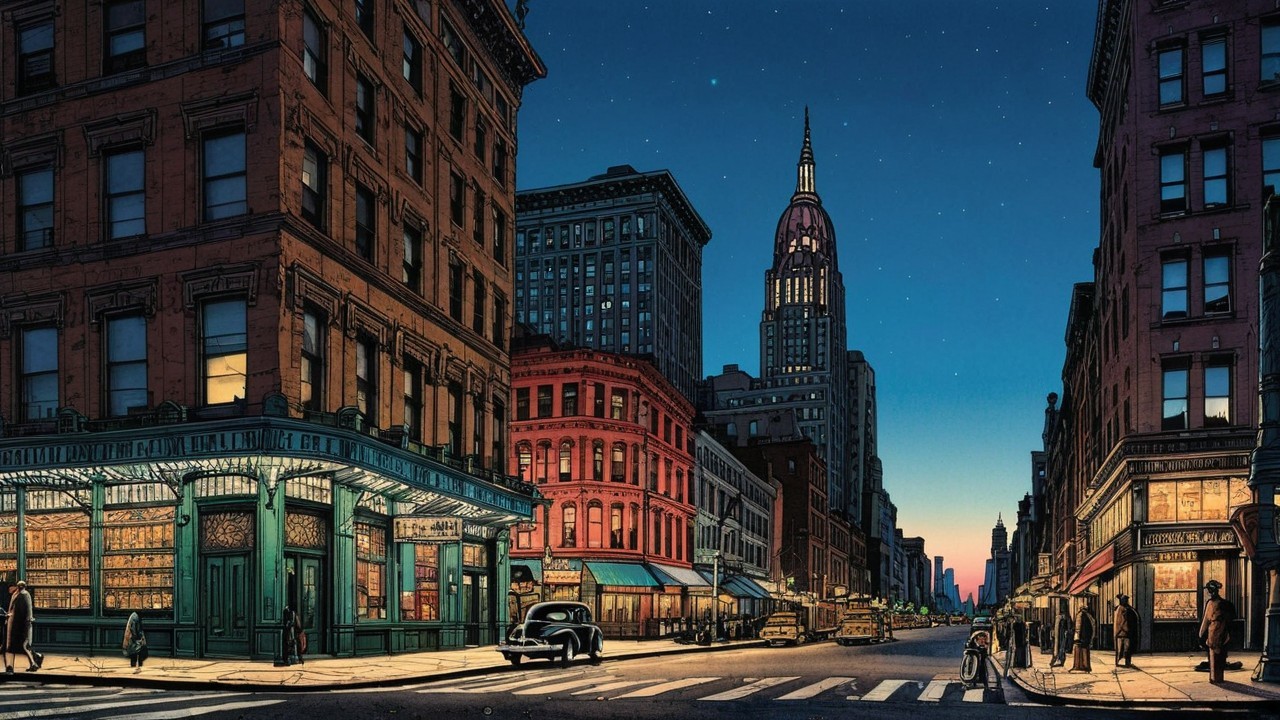 Twilight City Street with Vintage Buildings and Skyscraper