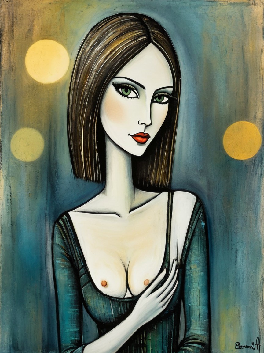 Stylized Woman in Deep V-neck Dress with Dreamy Background
