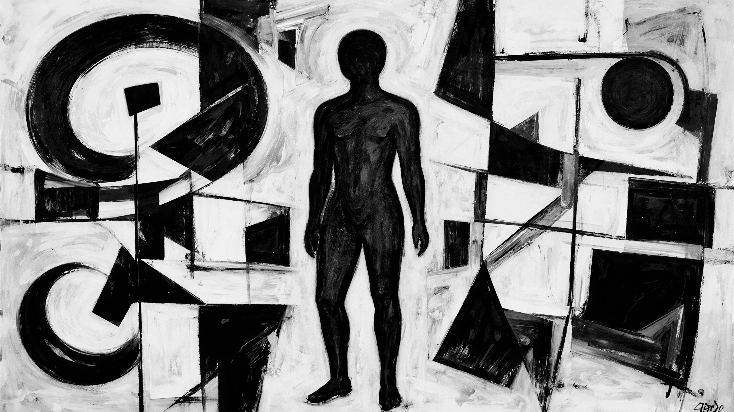 Abstract Painting with Charcoal Gray Silhouette and Shapes