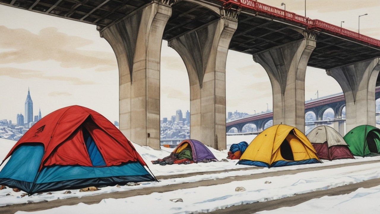 Colorful Tents in Snow Under Concrete Bridge