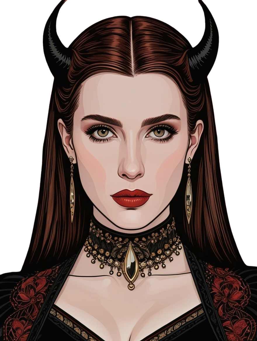 Striking Woman with Dark Hair and Dramatic Horns