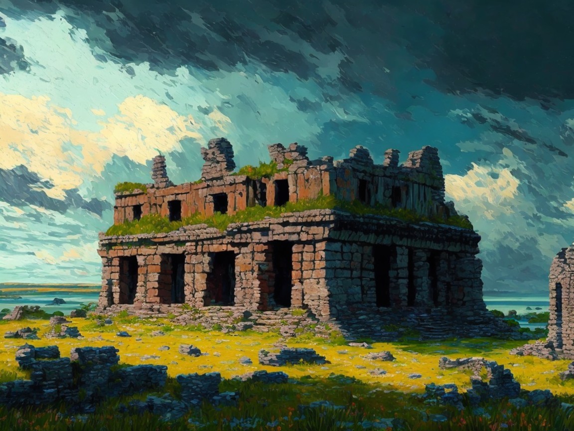 Ancient Stone Ruin Under Dramatic Cloudy Sky