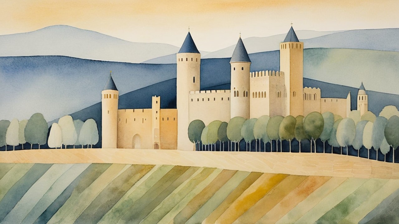 Watercolor Painting of a Castle in Serene Landscape