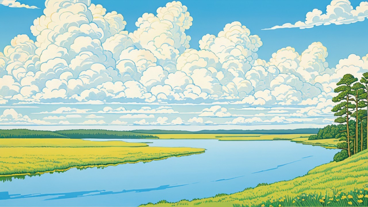 Tranquil River in Lush Green Meadow Landscape