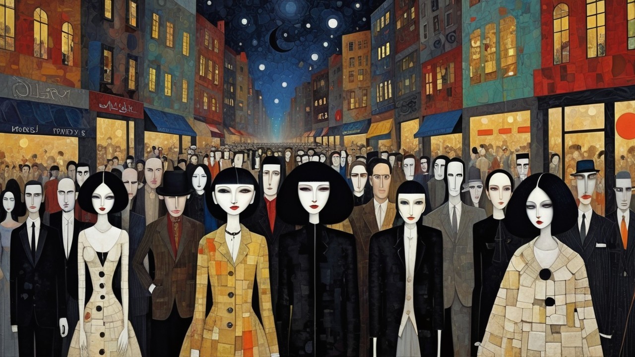 Art Deco Digital Illustration of a Crowded City Street