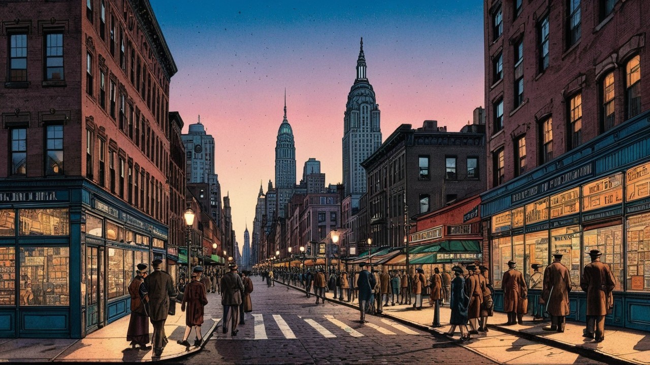 Vintage Street Scene with Ornate Buildings and Sunset