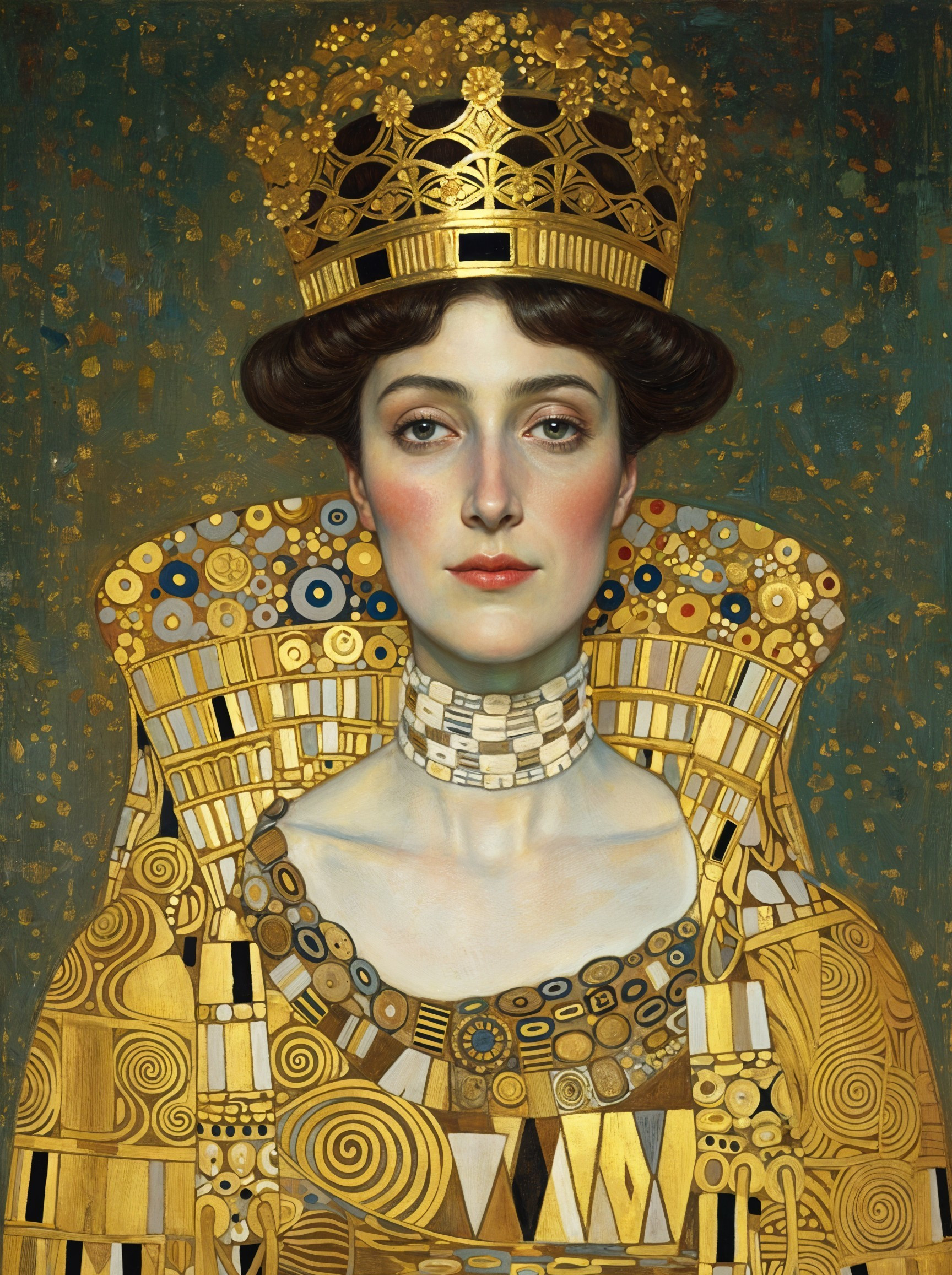 Regal Woman in Gold Gown with Intricate Crown
