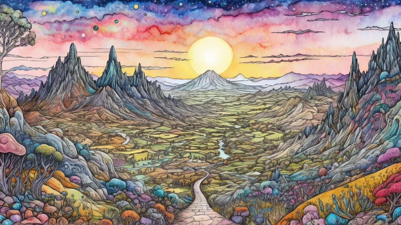 Vibrant Fantasy Landscape with Colorful Mountains and Hills