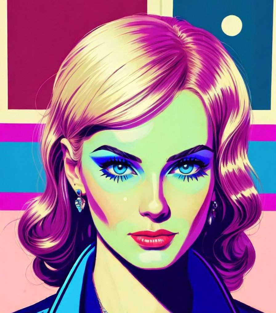 Colorful pop-art style illustration of woman with blue eyes and blonde hair against geometric backdrop