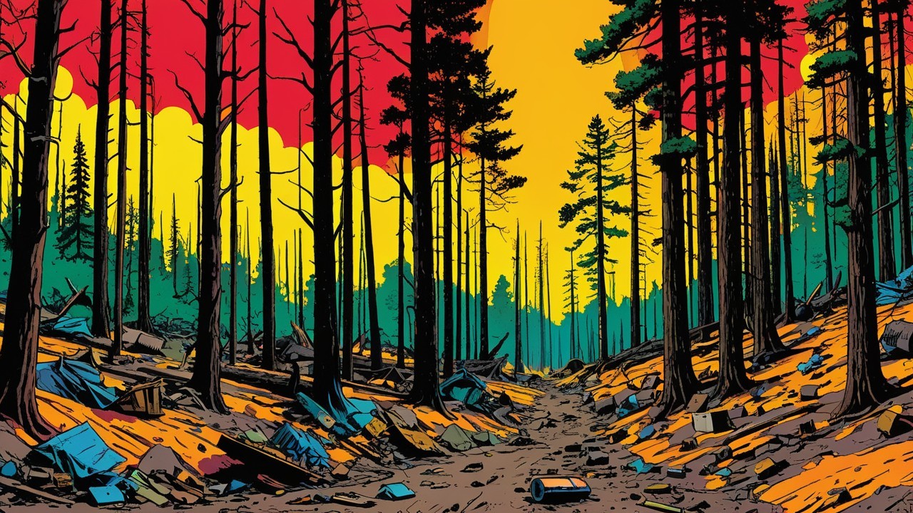 Dense Forest Against Vivid Orange and Red Sky