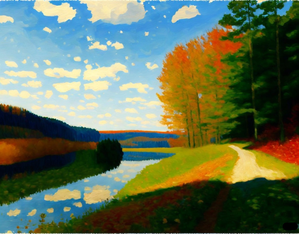 Winding Path by Serene Lake in Autumn Foliage