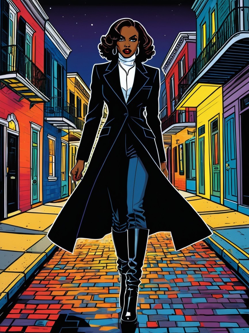 Black woman in trench coat walking on cobblestone street