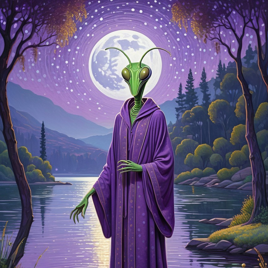 Alien by Moonlit Lake in Ethereal Landscape