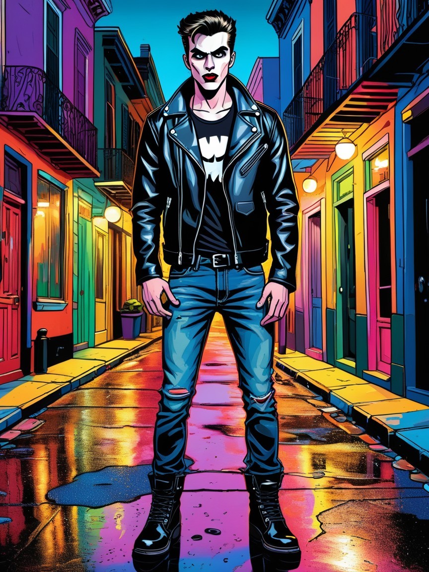 Young man in makeup stands in vibrant street setting