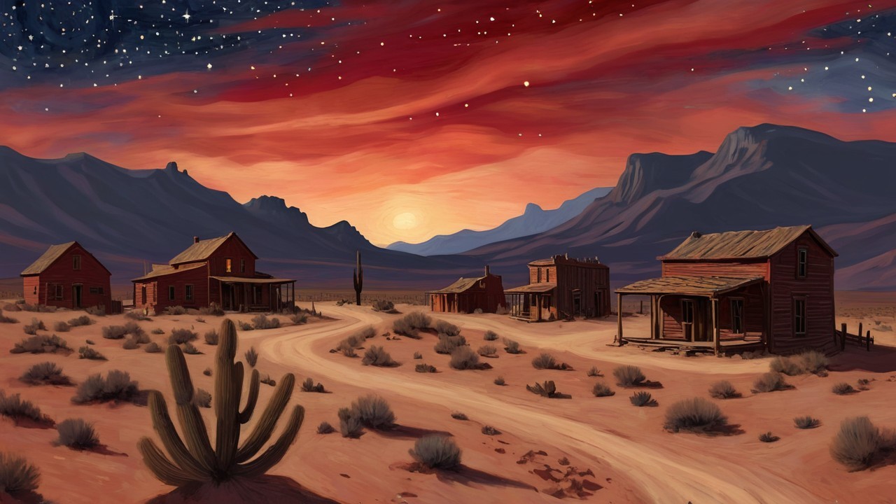 Desert Landscape with Old Town at Sunset