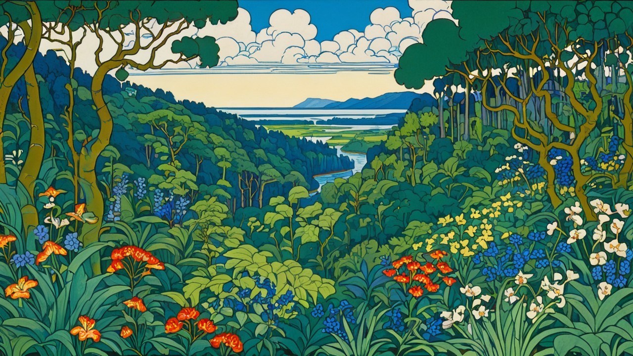 Vibrant Landscape with Lush Greenery and Flowers