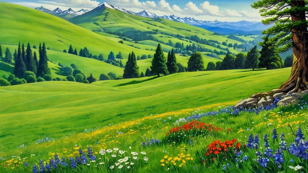 Vibrant Landscape with Green Hills and Wildflowers