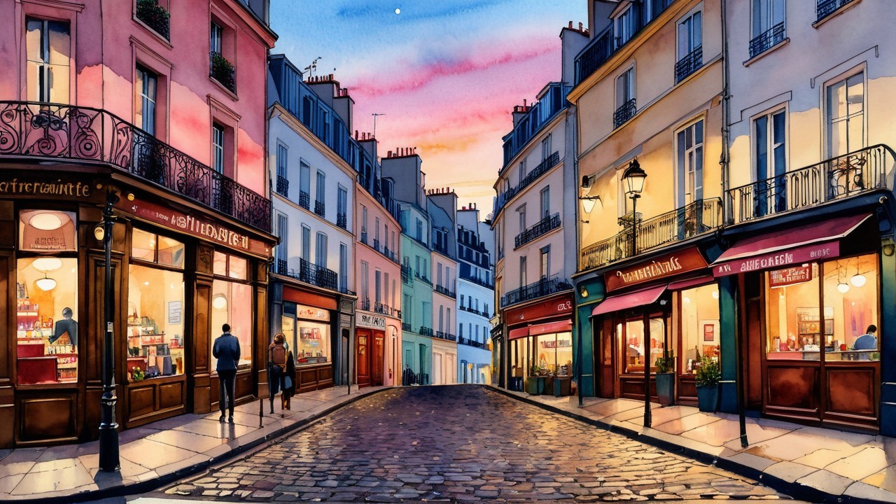 Charming Parisian Street at Dusk with Quaint Shops