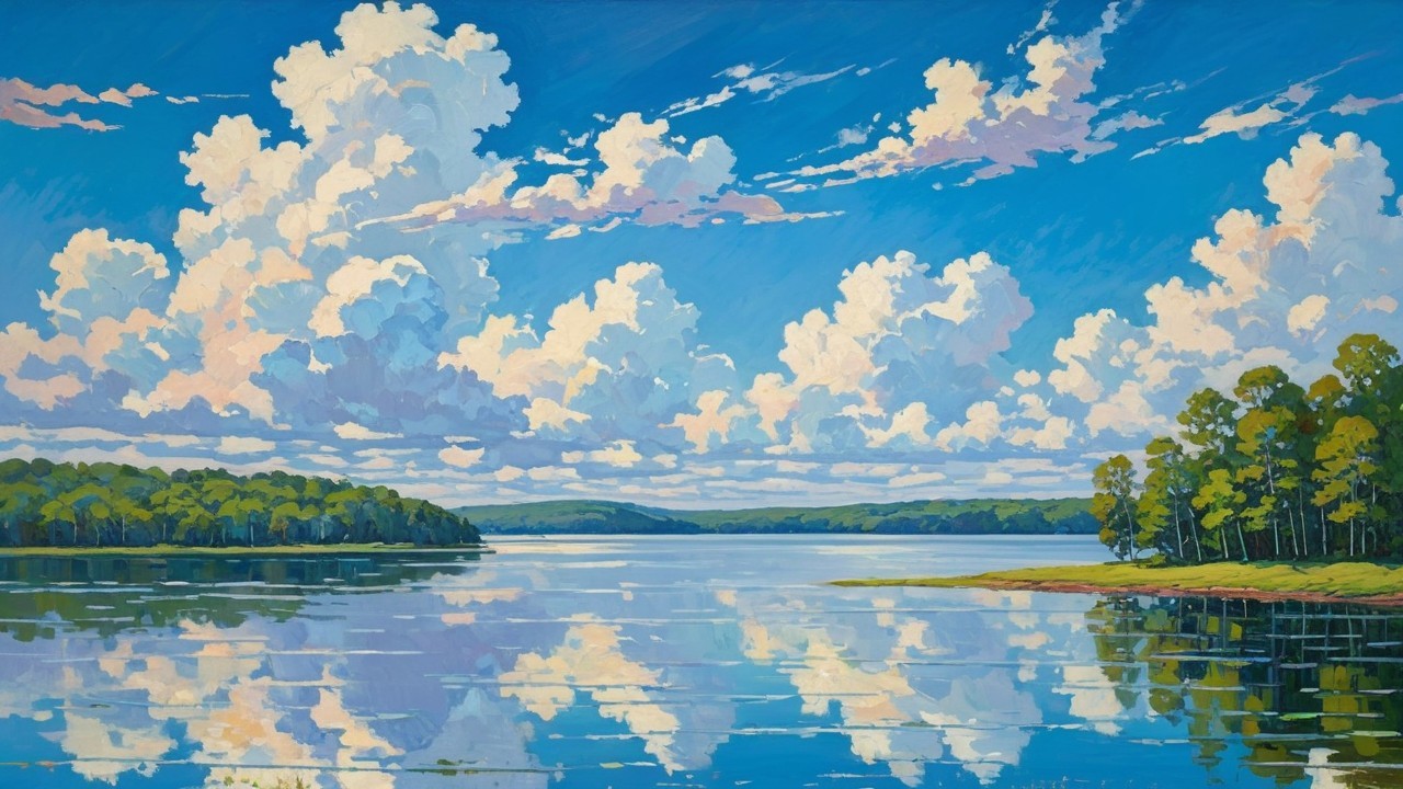 Serene Lake Scene with Blue Sky and Greenery
