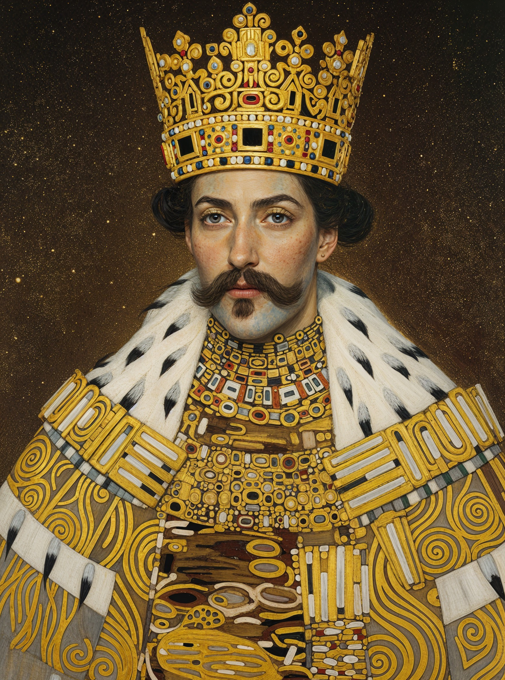 Regal Figure in Gold Crown and Ornate Robe