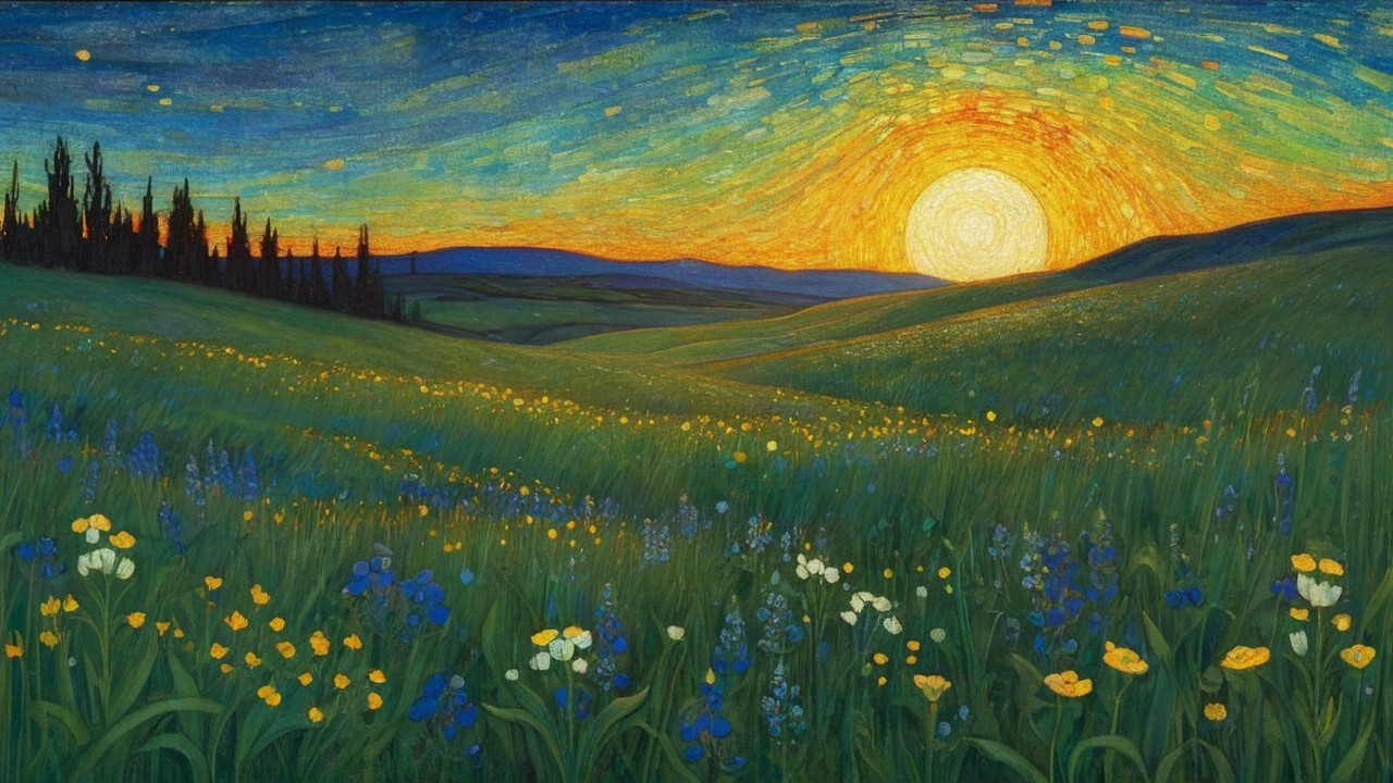 Vibrant Landscape with Colorful Wildflowers and Sunrise