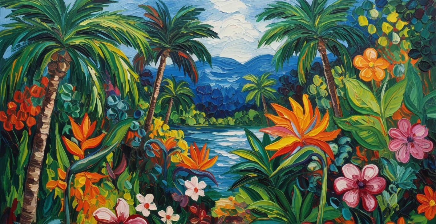 Vibrant Tropical Landscape with Palm Trees and Flowers